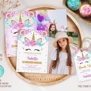 Modèle modifiable d&#39;invitation d&#39;anniversaire de licorne, invitation de licorne, étiquette de remerciement de licorne, invitation d&#39;anniversaire de licorne, PMGY