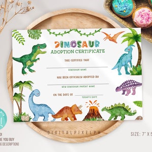 Bewerkbare dinosaurus adoptie certificaatsjabloon, dinosaurus adoptie certificaatsjabloon
