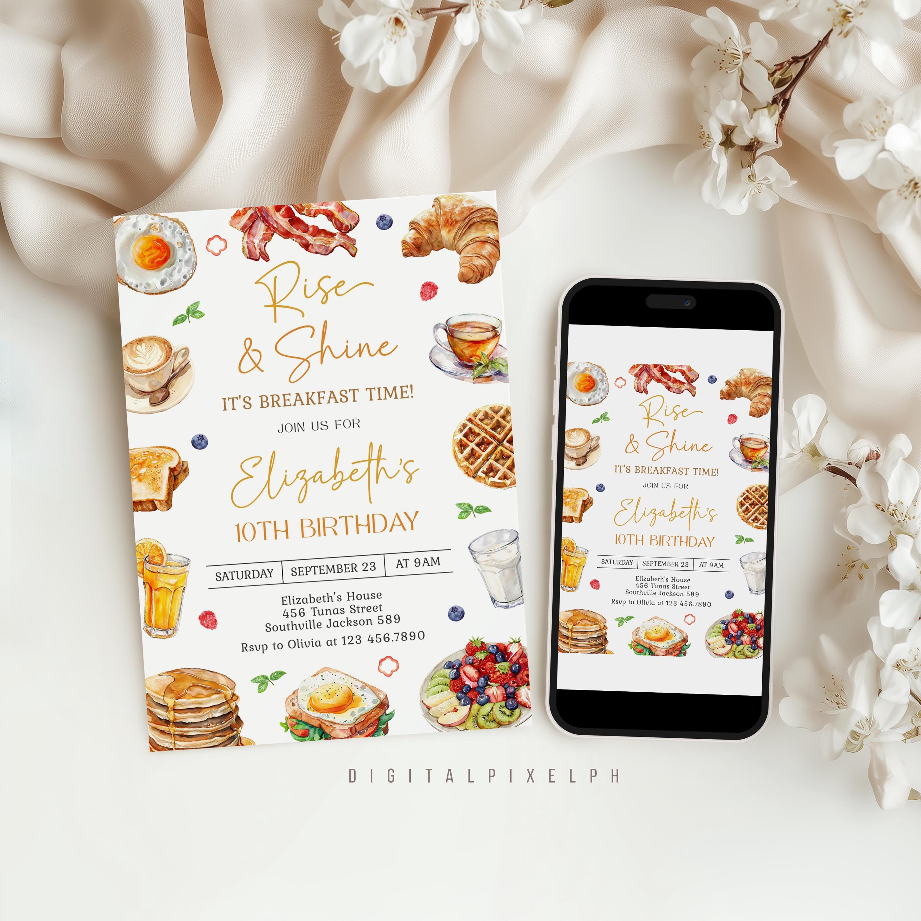 Editable Breakfast Birthday Invitation Template, Brunch Theme (digital ...