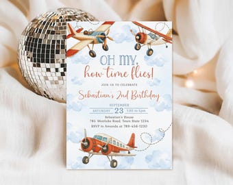 Airplane Birthday Invitation Template, Pilot Birthday Invitation, Airplane Thank You Tags (Digital Download)
