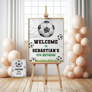 サッカーバースデーウェルカムサインテンプレート、サッカーカスタムサイン、編集可能なパーティーサイン（デジタルダウンロード）