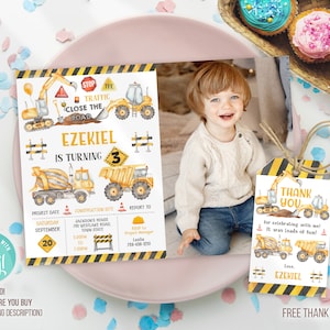 Editable  Construction Birthday Party Invitation Template, Construction Invitation, Construction thank you tag
