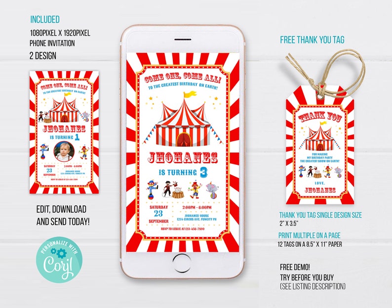 Circus Phone Birthday Invitation Template, Carnival Electronic Invitation, Carnival Phone Invitation, Carnival Electronic Phone Invite image 1