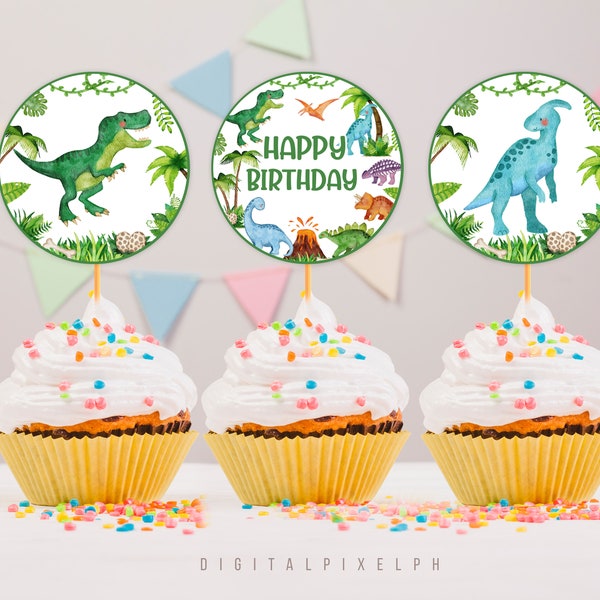 Dinosaur Birthday Cupcake Toppers, Dinosaur Cupcake Toppers, Instant Download, Non-Editable