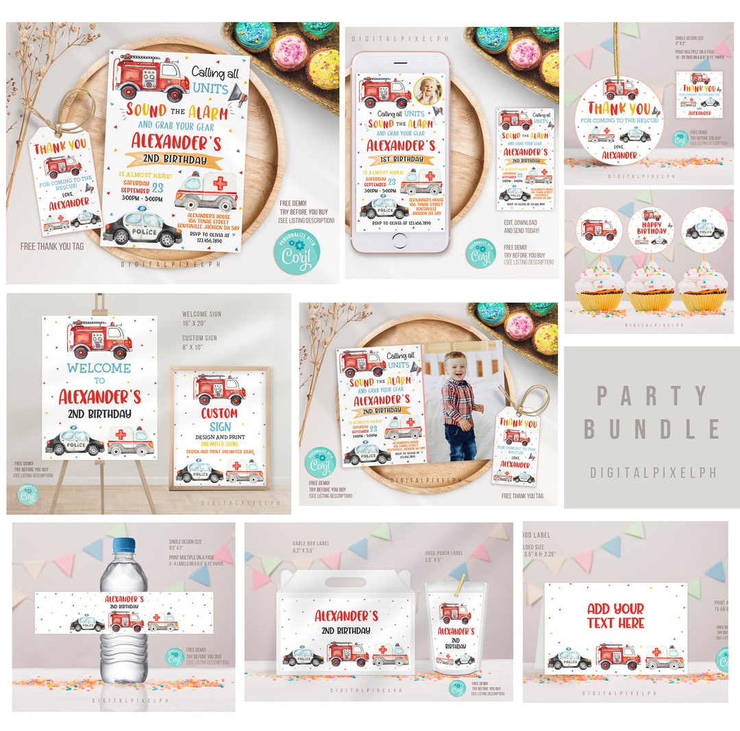 Editable Emergency Vehicles Invitation Bundle Template, Emergency