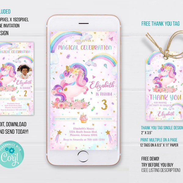 Unicorn Phone Birthday Invitation Template, Unicorn Electronic Invitation, Unicorn thank you tag, Electronic Invite, Phone Invite