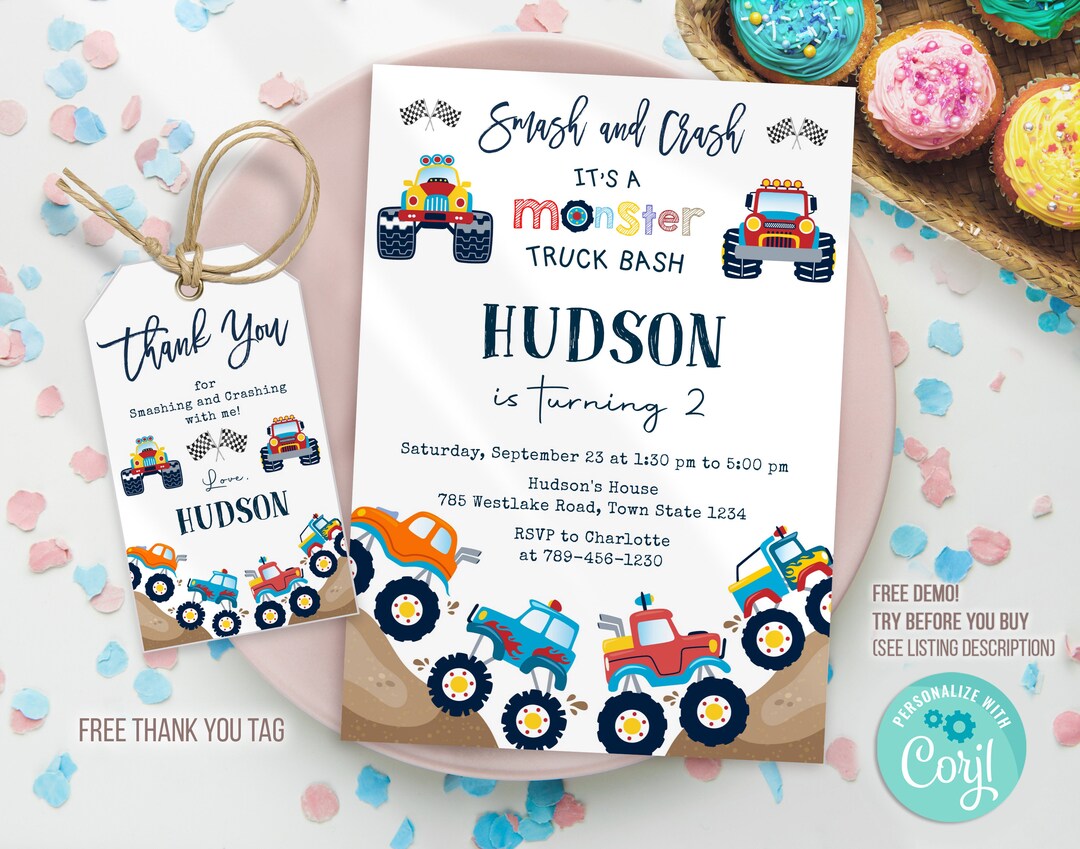 Monster Truck Birthday Invitation Template, Monster Truck Birthday ...