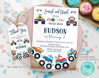 Monster Truck Birthday Invitation Template, Monster Truck Birthday Invitation, Monster Truck thank you tag Printable