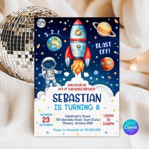Outer Space Birthday Invitation Template, Astronaut Rocket Ship, Outer Space Thank You Tags (Digital Download)