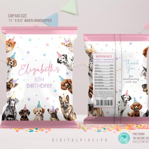 Puede incluir: Bolsa de patatas fritas rosa con ilustraciones de acuarela de varias razas de perros con gorros de fiesta. La parte delantera dice "Elizabeth's 5th Birthday". La bolsa mide 27,9 cm x 21,6 cm sin envolver. La parte trasera dice "Gracias por celebrar conmigo".