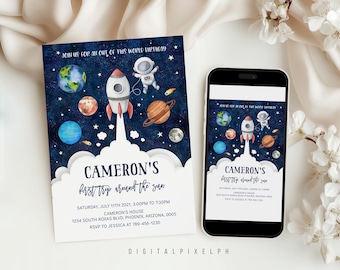 Plantilla de invitación de cumpleaños con temática espacial: cohete y astronauta (descarga digital)