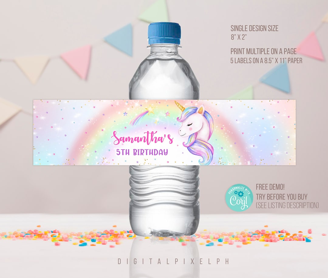 Editable Unicorn Water Bottle Label Unicorn Party Label Etsy