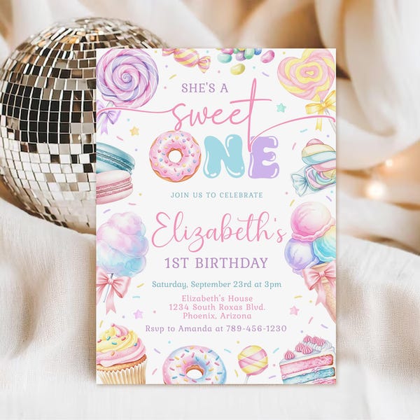 Invitación de cumpleaños para un dulce, plantilla de invitación de cumpleaños con dulces (descarga digital)