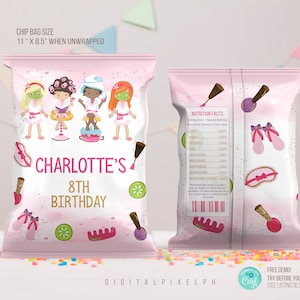 May include: Pink chip bag with spa-themed illustrations and text. The front features cartoon girls in spa attire, the text "Charlotte's 8th Birthday," and spa-related icons. The back has nutrition facts and spa icons. Bag size is 11" x 8.5" when unwrapped.