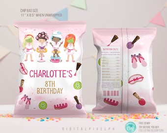 Editable Spa Party birthday Chip Bag Wrapper Labels, Spa Party Bag Wrapper Labels, Spa Party Chip Bag Wrapper Labels