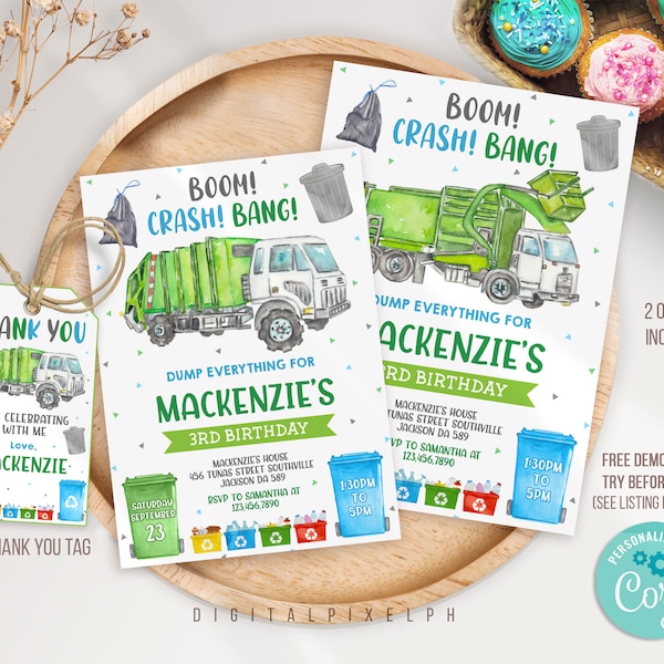 Editable Garbage Truck Birthday Invitation Template, Dump Truck Party Invitation, Garbage Truck thank you tag