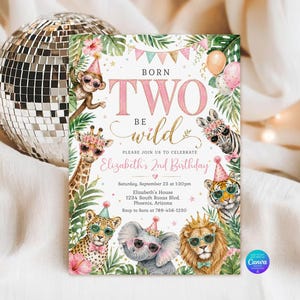 Könnte beinhalten: Eine rechteckige Geburtstagseinladungskarte mit Dschungeltieren, die Partyhüte und Sonnenbrillen tragen. Der Text lautet BORN TWO BE WILD, Elizabeth's 2nd Birthday, Saturday, September 23 at 1:30pm, Elizabeth's House, 1234 South Roxas Blvd, Phoenix, Arizona.
