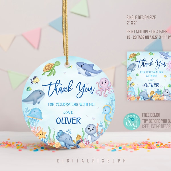 Editable Round Under the Sea thank you tags, Under the Sea thank you tags, Under the Sea Party Favor Tag