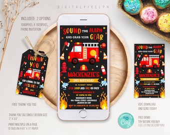 Firetruck Electronic Invitation Template, Firetruck Birthday Phone Invitation, Firetruck Thank you tag, Fire truck  Electronic Invitation