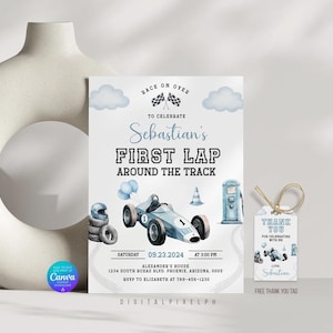 Race Car Birthday Invitation, First Lap Around the Track, Race Car Thank You Tags (Digital Download)
