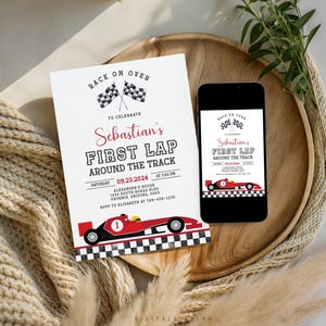 Invitación de cumpleaños editable con diseño de coche de carreras, pista de primera vuelta (descarga digital)