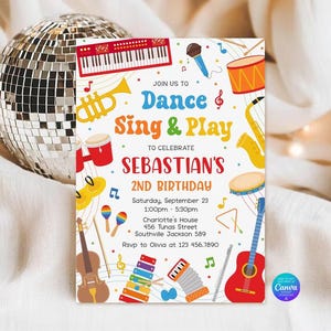 Inbjudan till musikfödelsedag, inbjudan till dans, sjung, spela-fest, födelsedagsinbjudan till musikinstrument (digital nedladdning)