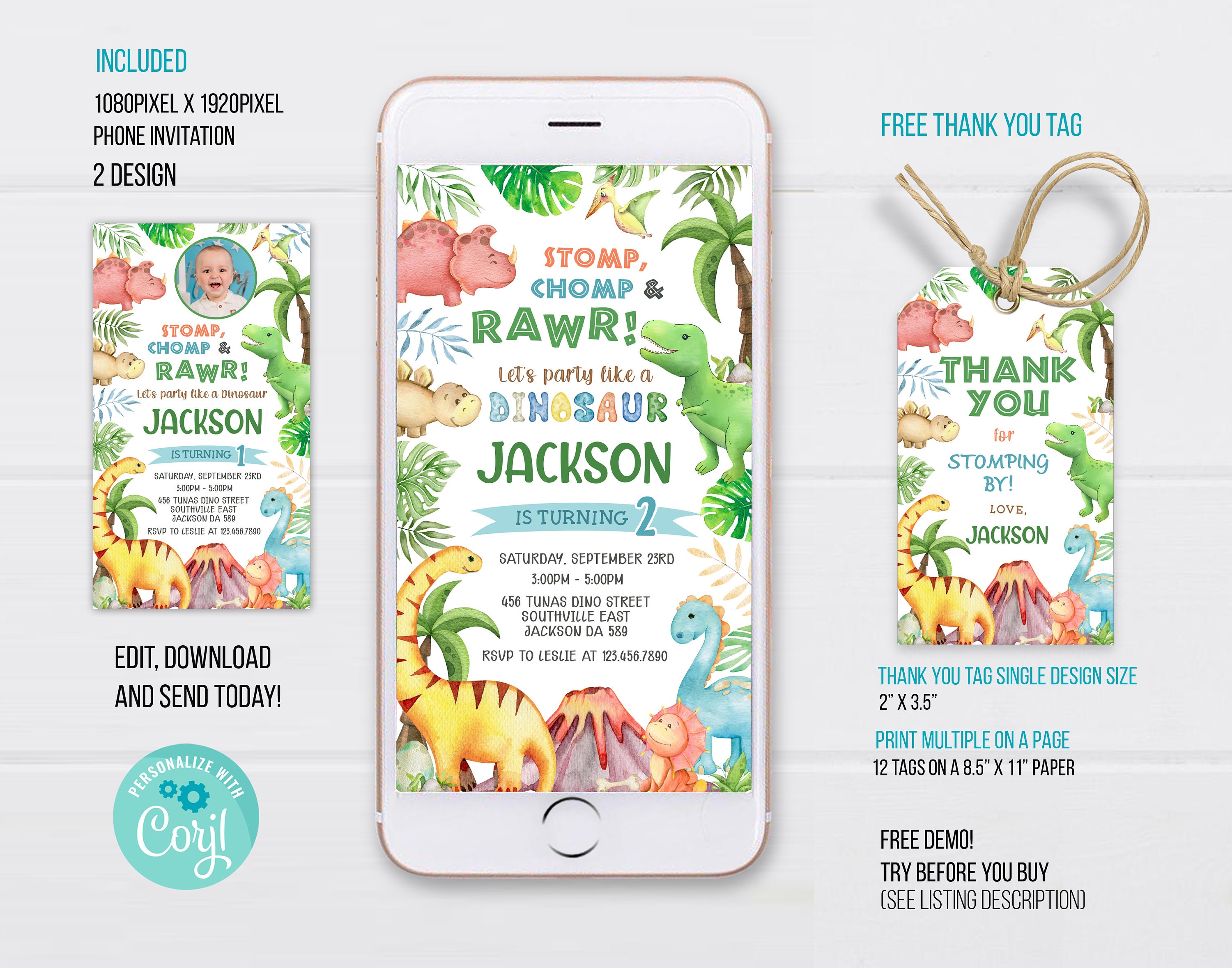 Editable Dinosaur Electronic Invitation Template, Dinosaur Phone Invitation, Dinosaur Birthday Invitation, Dinosaur Invitation, RNWL