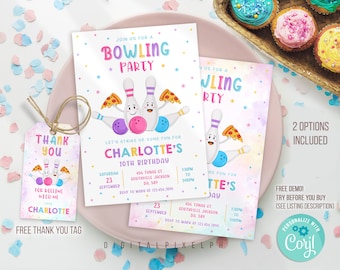 Bowling Birthday Invitation, Bowling Invitation, Bowling Template, Bowling thank you tag, Bowling Editable Template