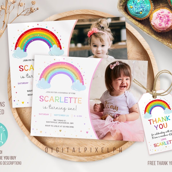 Editable Rainbow Birthday Invitation with picture, Rainbow Invitation, Rainbow Template, Rainbow thank you tag