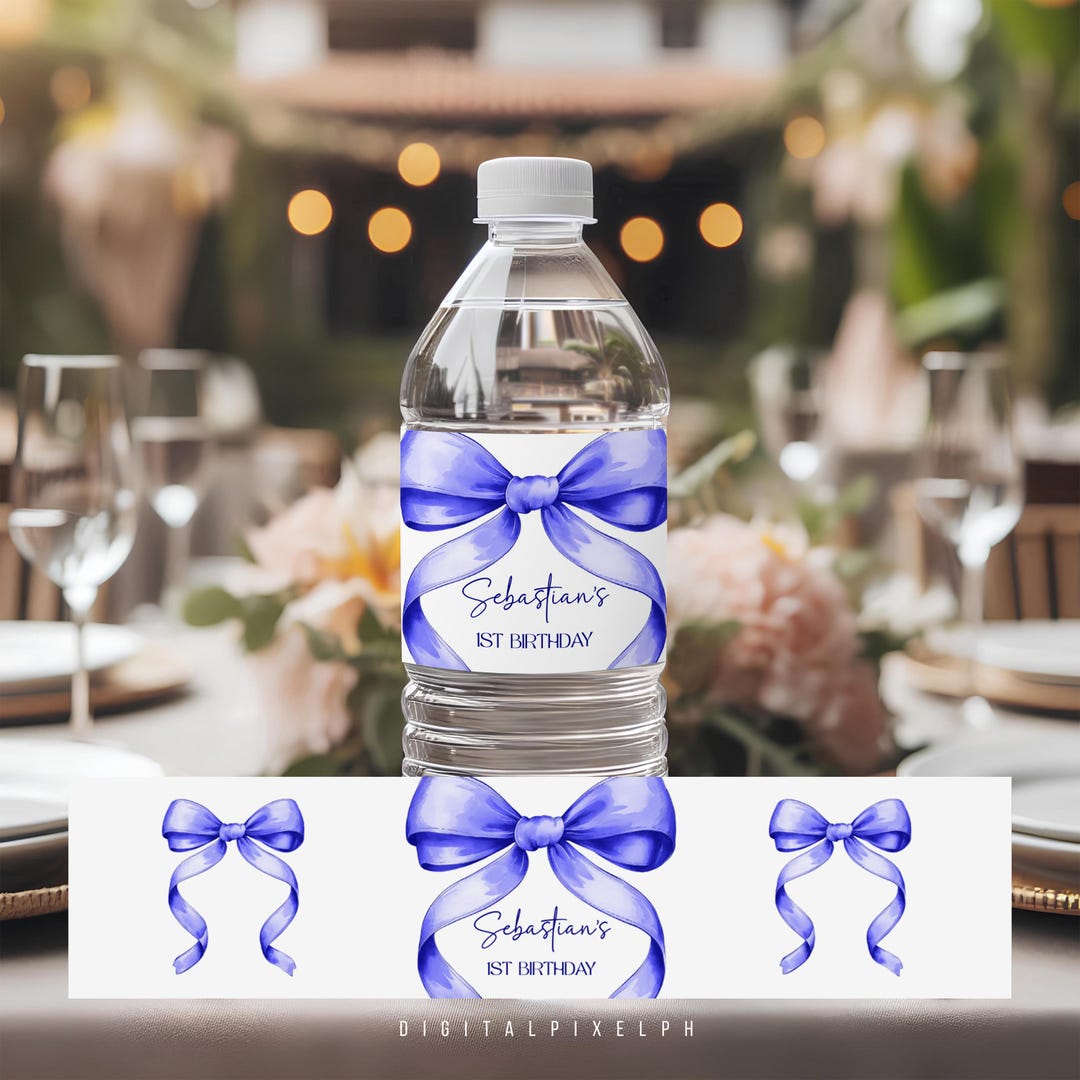 Coquette Navy Blue Bow Water Bottle Label, Ribbon Water Bottle Label ...