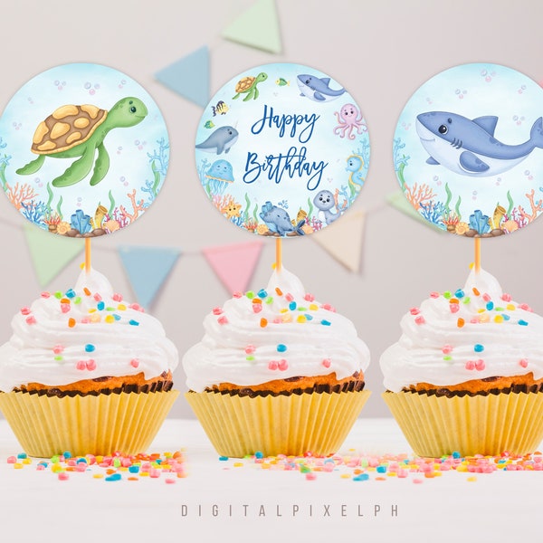 Under The Sea Birthday Cupcake Toppers, Ocean Animals Cupcake Toppers, Under The Sea Cupcake Toppers, Instant Download, Non-Editable