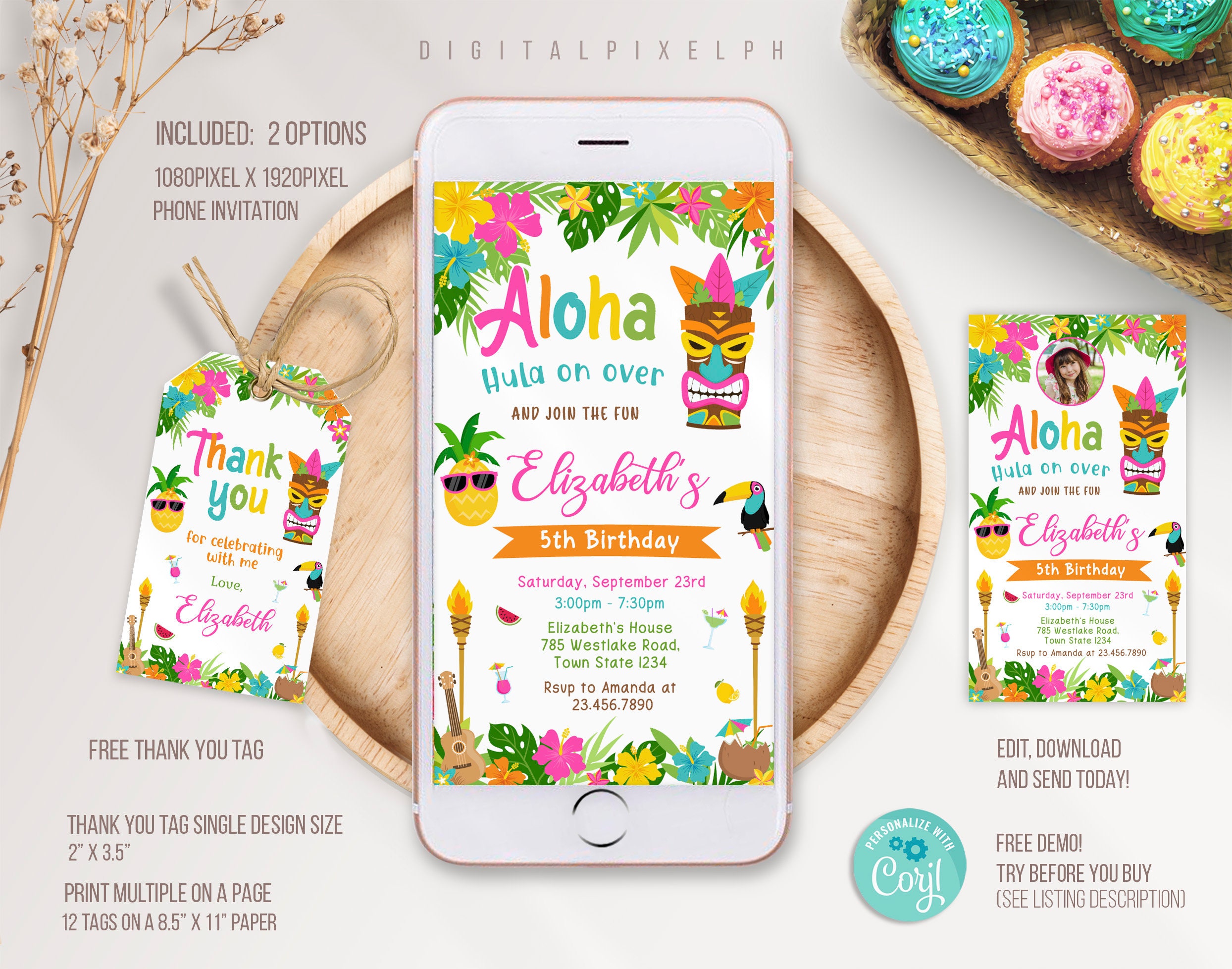 Editable Hawaiian Luau Electronic Invitation Template, Hawaiian Luau Phone Invitation, Hawaiian Luau Party Electronic Invitation, DPH
