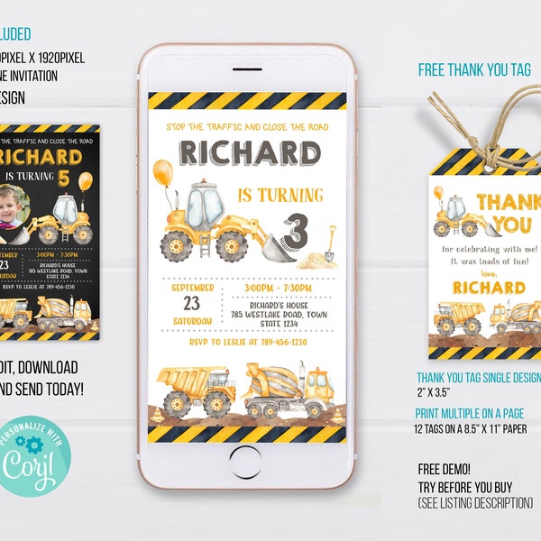 Construction Phone Birthday Invitation Template, Construction Electronic Invitation, Construction thank you tag, Electronic Phone Invite