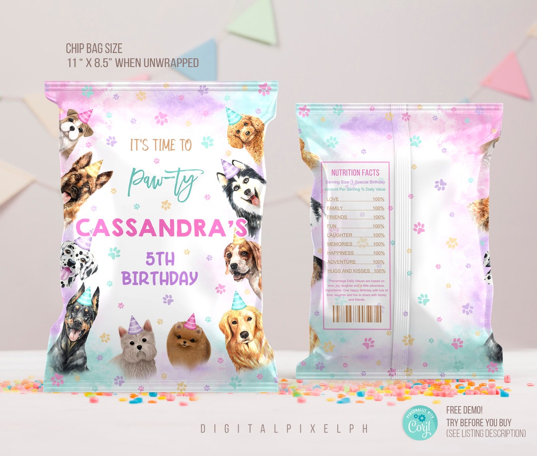 Editable Puppy Birthday Chip Bag Wrapper Labels, Dog Chip Bag Wrapper