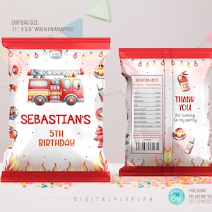 Editable Firetruck Chip Bag Wrapper Labels template, Fire truck Bag Wrapper Labels, Firetruck Chip Bag Wrapper Labels, Fire truck Labels