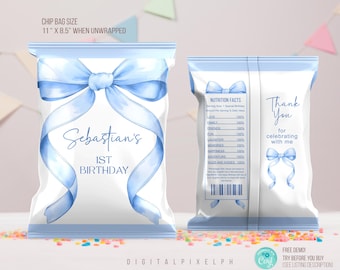 Blue Bow Chip Bag Wrapper Labels, Editable Template (Digital Download)