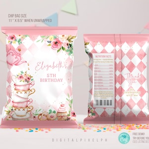 May include: Pink chip bag with a floral and diamond pattern, featuring a teapot and teacups design. The text "Elizabeth's 5th Birthday" is displayed. The bag size is 11" x 8.5" when unwrapped. The back of the bag says "Thank You for celebrating with me."