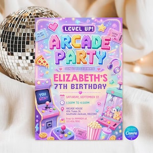 May include: A rectangular birthday invitation card featuring a colorful arcade theme with pixelated text that reads LEVEL UP! ARCADE PARTY, ELIZABETH'S 7TH BIRTHDAY, and event details. The design includes illustrations of arcade games, popcorn, and tickets.