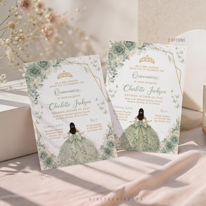 Può includere: Due inviti di quinceañera con disegni floreali e geometrici. Gli inviti presentano il testo "Quinceañera" e "Charlotte Jackson". Il design include un disegno di una ragazza con un vestito verde. Lo sfondo è bianco e verde chiaro.