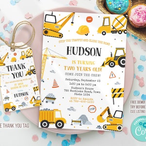 Editable Construction Birthday Party Invitation Template, Construction Invitation Template, Construction thank you tag