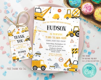 Editable Construction Birthday Party Invitation Template, Construction Invitation Template, Construction thank you tag