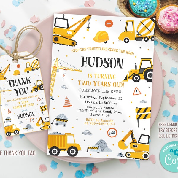 Editable Construction Birthday Party Invitation Template, Construction Invitation Template, Construction thank you tag