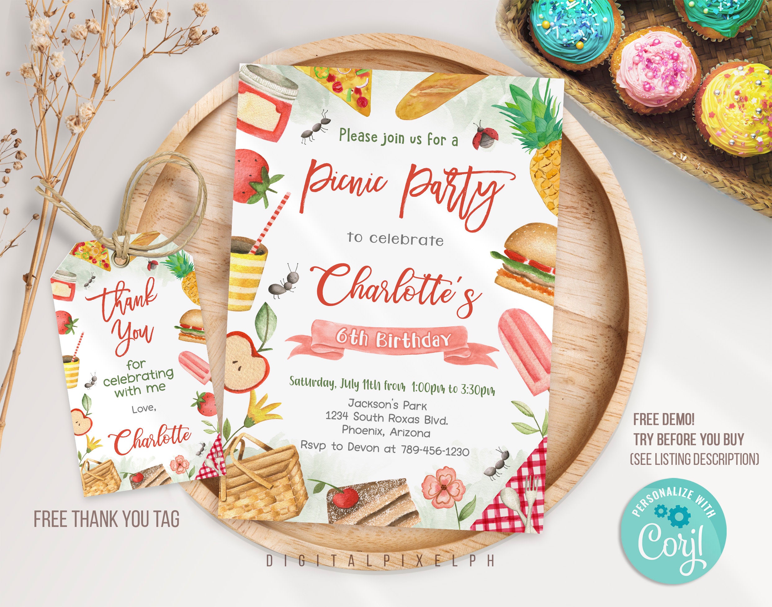 EDITABLE Picnic Birthday Invitation template, Picnic Birthday Invite, Picnic party invitation, Picnic thank you tags