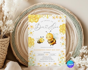 Honey Bee Birthday Invitation Template, First Bee Day Birthday Invitation (Digital Download)