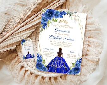 Editable Royal Blue Quinceañera Invitation Template (Digital Download)