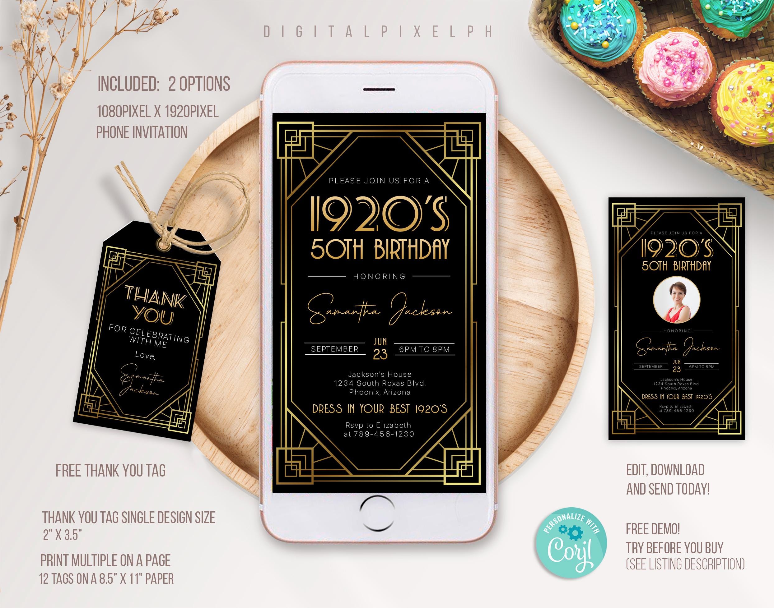 Editable 1920s Art Deco Birthday Electronic Invitation Template, 1920s ...