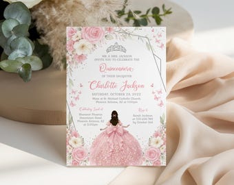 May include: A Quinceañera invitation card with a watercolour illustration of a girl in a pink gown. The card features floral accents, butterflies, and the text "Mr. & Mrs. Jackson invite you to celebrate the Quinceañera of their daughter Charlotte Jackson."