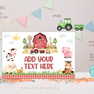 Bewerkbaar boerderijvoedseletiket, boerderijvoedseltentkaarten, boerenerf boerderijdieren voedseltentetiket, boerenerf boerderijdieren voedseletiket