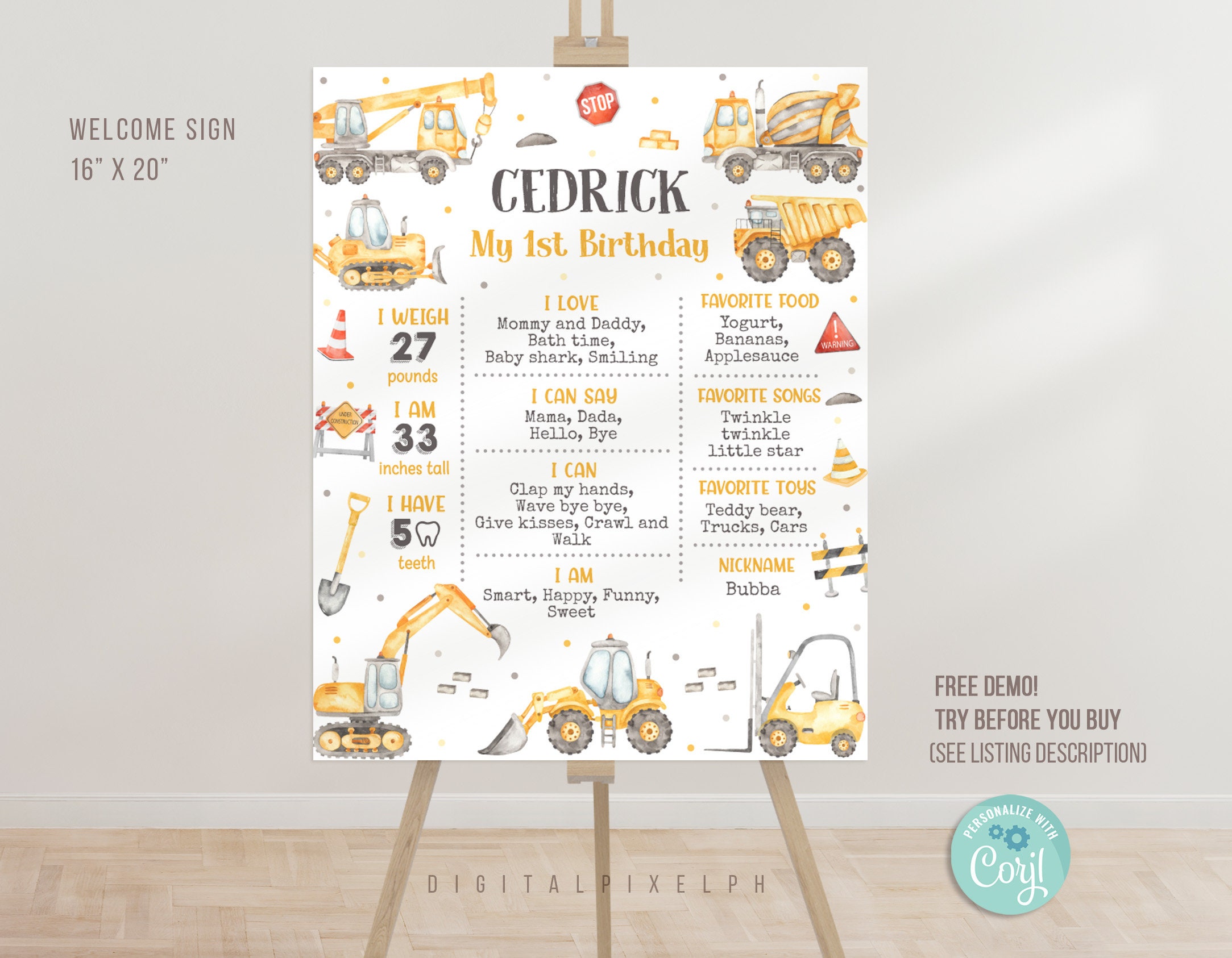 Editable Construction Birthday Milestone Poster Template, Construction Milestone Poster, Construction Milestone Board Poster, DPH