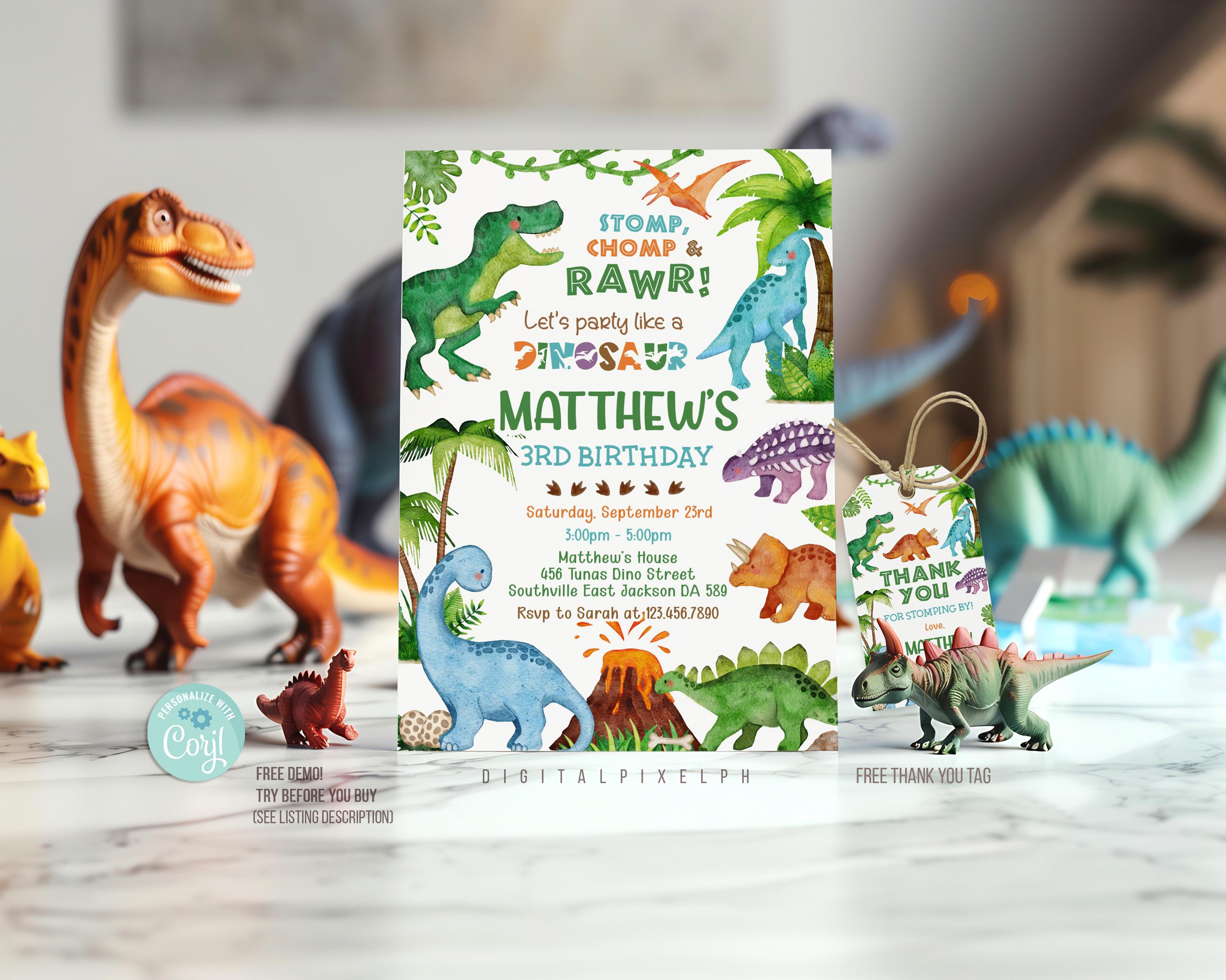 Editable Dinosaur Birthday Invitation, Thank You Tags (digital) - Etsy  Israel, image size:3000x2399